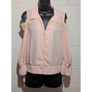 Wildflower Cold Shoulder Lace Trim Blouse Pink Button Up Shirt Top Medium